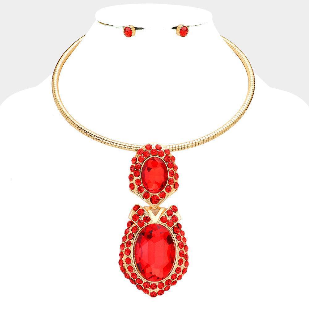 Red Oval Rhinestone Accented Hammered Metal Pendant Statement Necklace - Jewelry Store by Erik Rayo