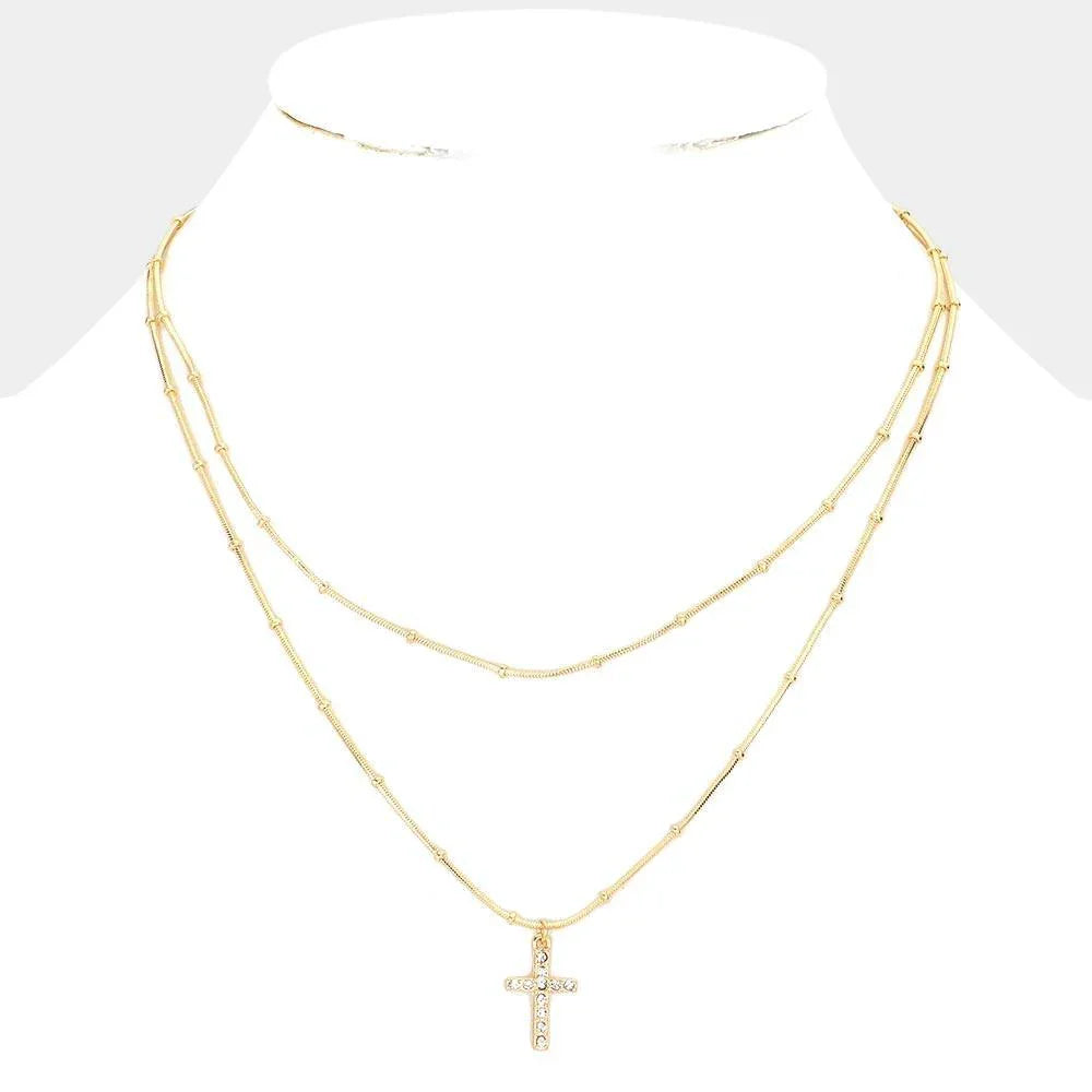 Gold Cross Pendant Double Layered Necklace - Jewelry Store by Erik Rayo