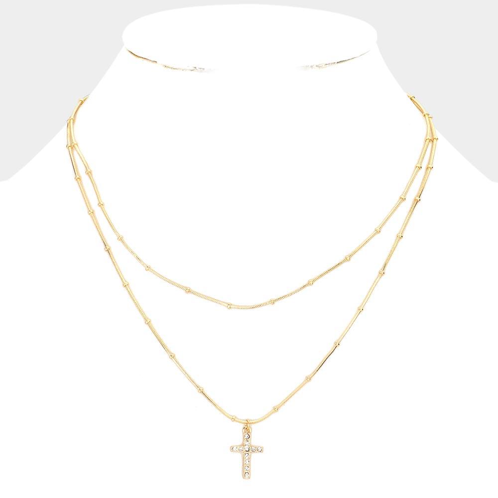 Gold Cross Pendant Double Layered Necklace