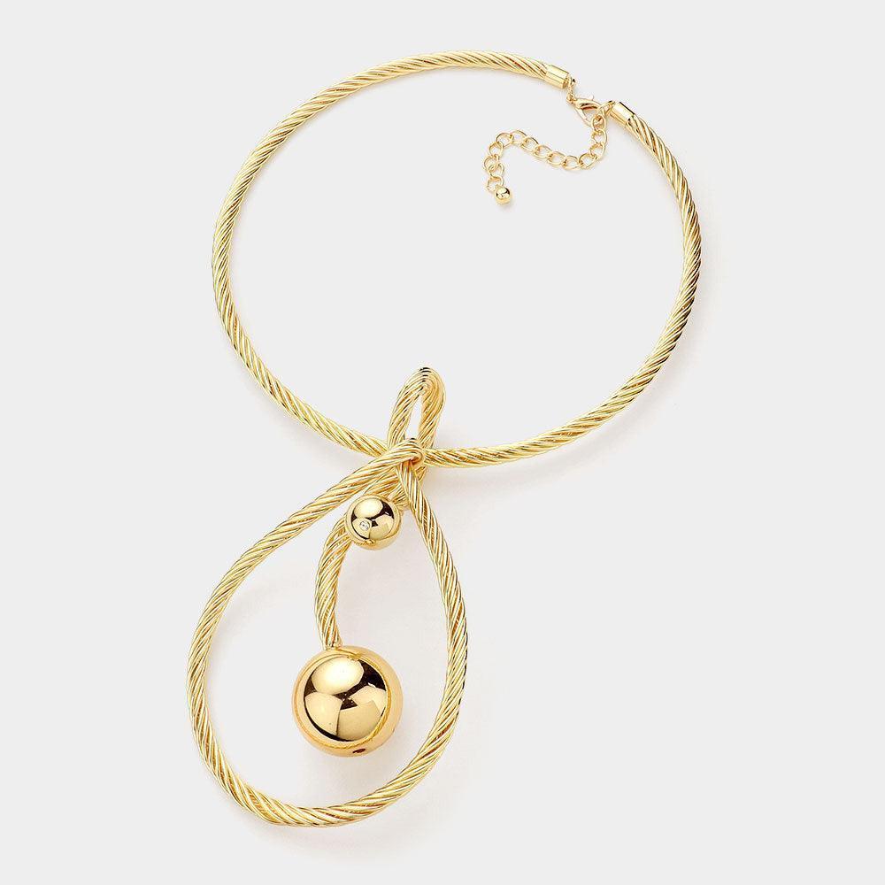 Gold Textured Metal Abstract Barbell Stone Tip Statement Necklace - Jewelry Store by Erik Rayo