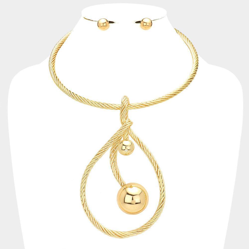 Gold Textured Metal Abstract Barbell Stone Tip Statement Necklace - Jewelry Store by Erik Rayo