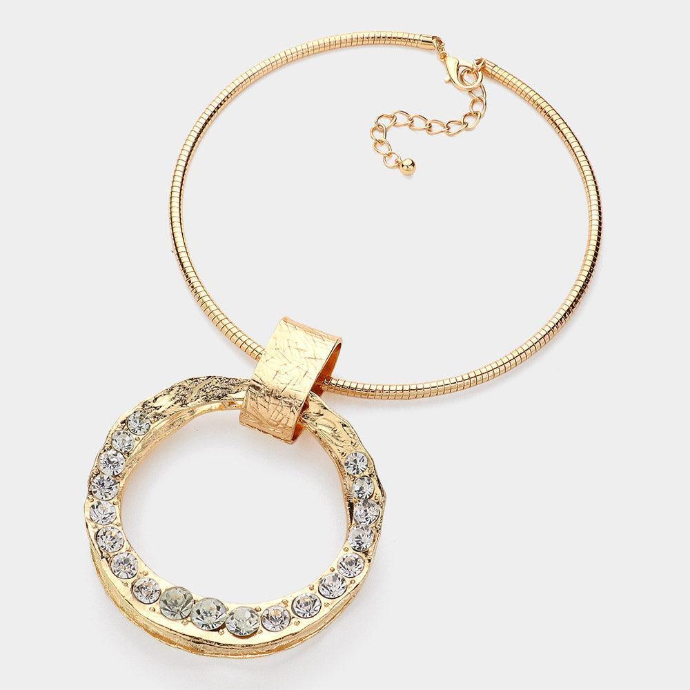 Gold Over Sized Stone Paved Textured Open Circle Metal Pendant Statement Necklace - Jewelry Store by Erik Rayo