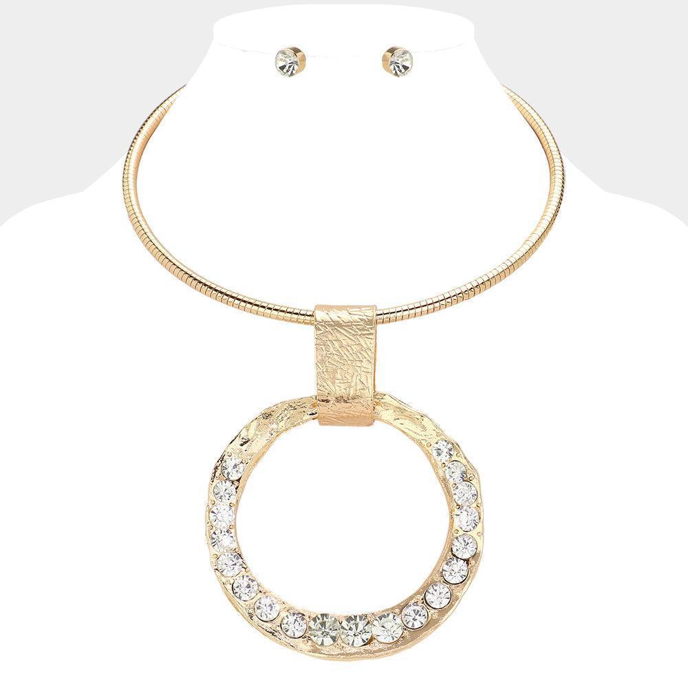Gold Over Sized Stone Paved Textured Open Circle Metal Pendant Statement Necklace - Jewelry Store by Erik Rayo