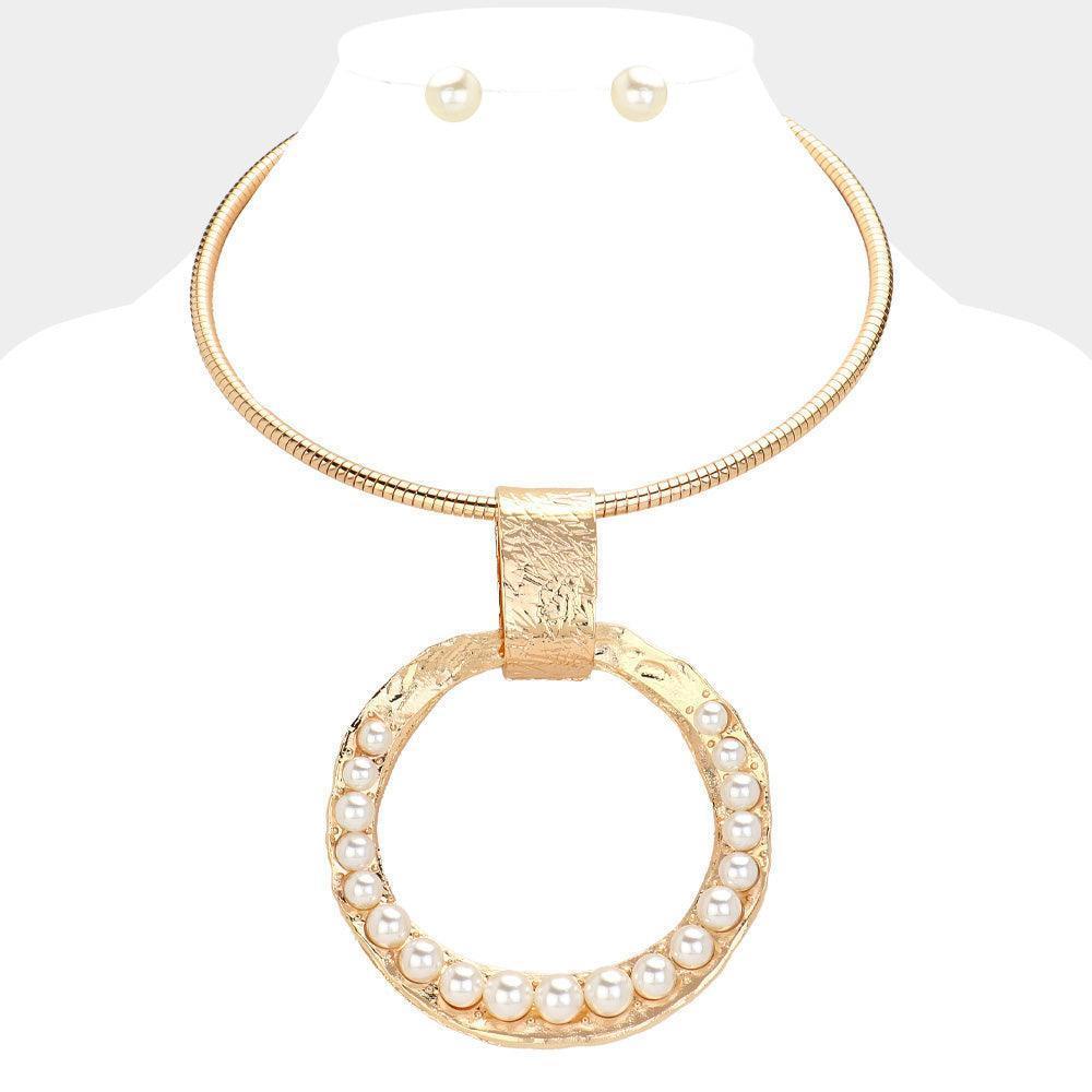 Cream Over Sized Pearl Paved Textured Open Circle Metal Pendant Statement Necklace - Jewelry Store by Erik Rayo