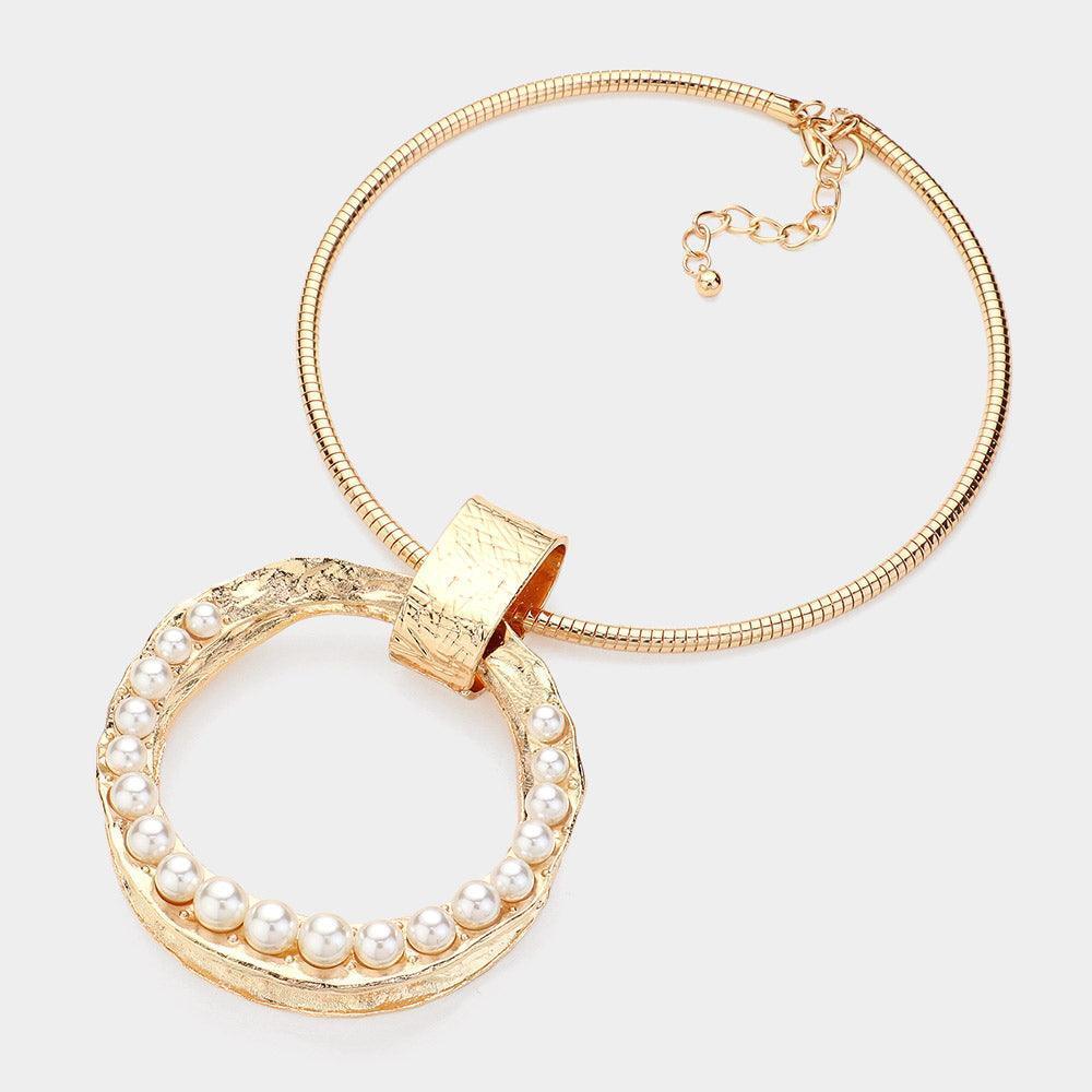 Cream Over Sized Pearl Paved Textured Open Circle Metal Pendant Statement Necklace - Jewelry Store by Erik Rayo