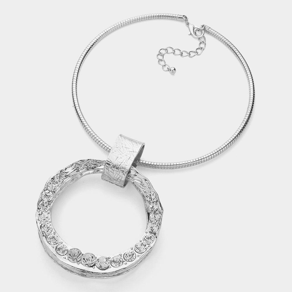 Over Sized Stone Paved Textured Open Circle Metal Pendant Statement Necklace - Jewelry Store by Erik Rayo