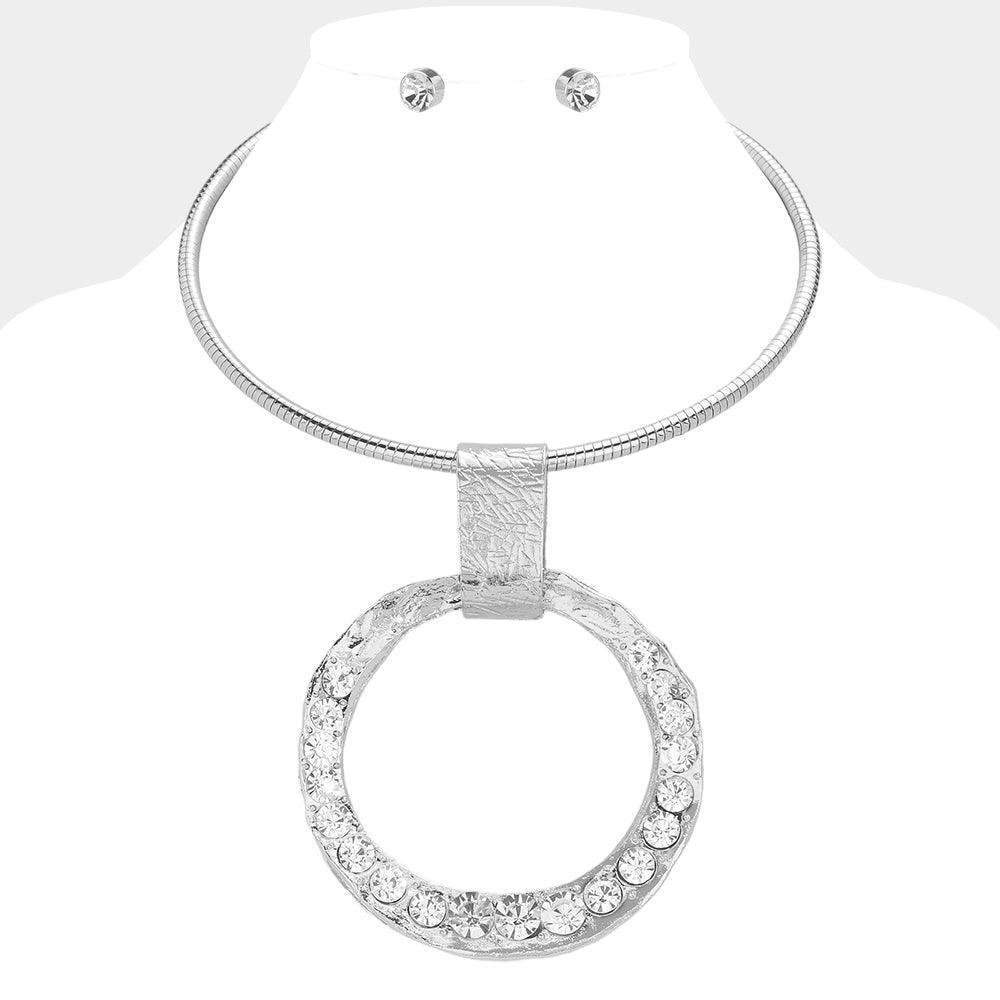 Over Sized Stone Paved Textured Open Circle Metal Pendant Statement Necklace - Jewelry Store by Erik Rayo