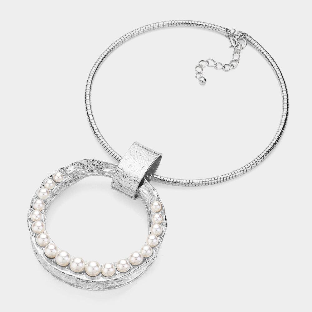 White Over Sized Pearl Paved Textured Open Circle Metal Pendant Statement Necklace - Jewelry Store by Erik Rayo