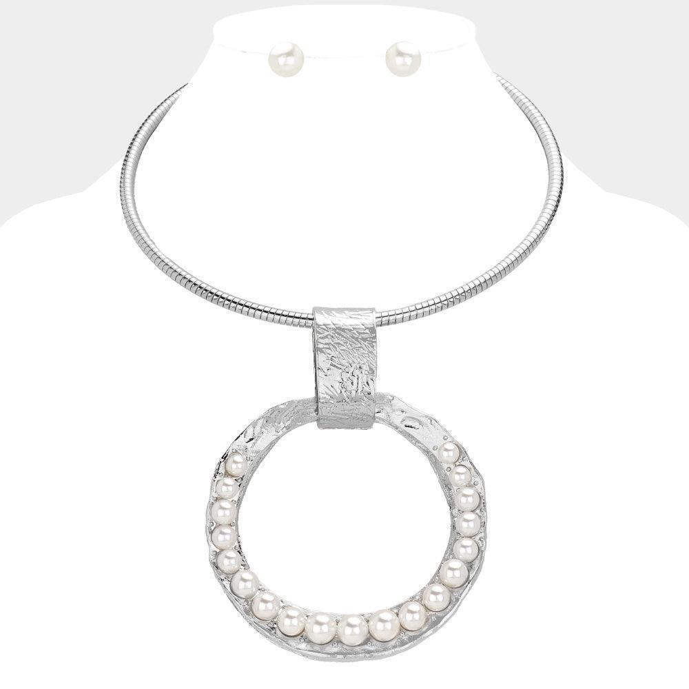 White Over Sized Pearl Paved Textured Open Circle Metal Pendant Statement Necklace - Jewelry Store by Erik Rayo