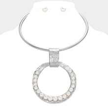 Load image into Gallery viewer, White Over Sized Pearl Paved Textured Open Circle Metal Pendant Statement Necklace
