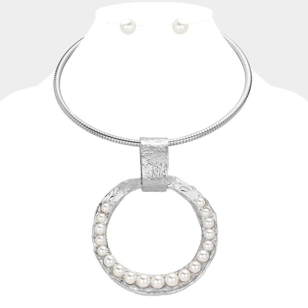 White Over Sized Pearl Paved Textured Open Circle Metal Pendant Statement Necklace