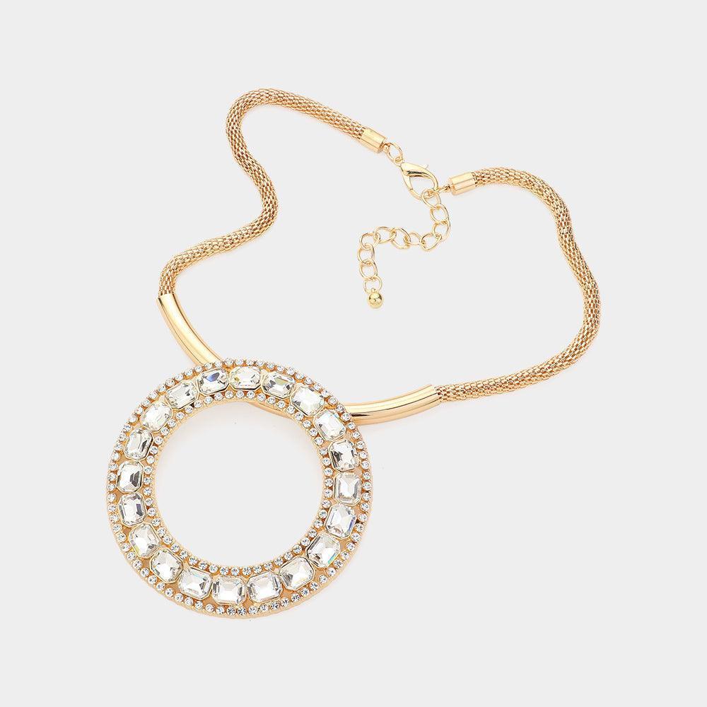 Gold Stone Embellished Open O Pendant Statement Necklace - Jewelry Store by Erik Rayo