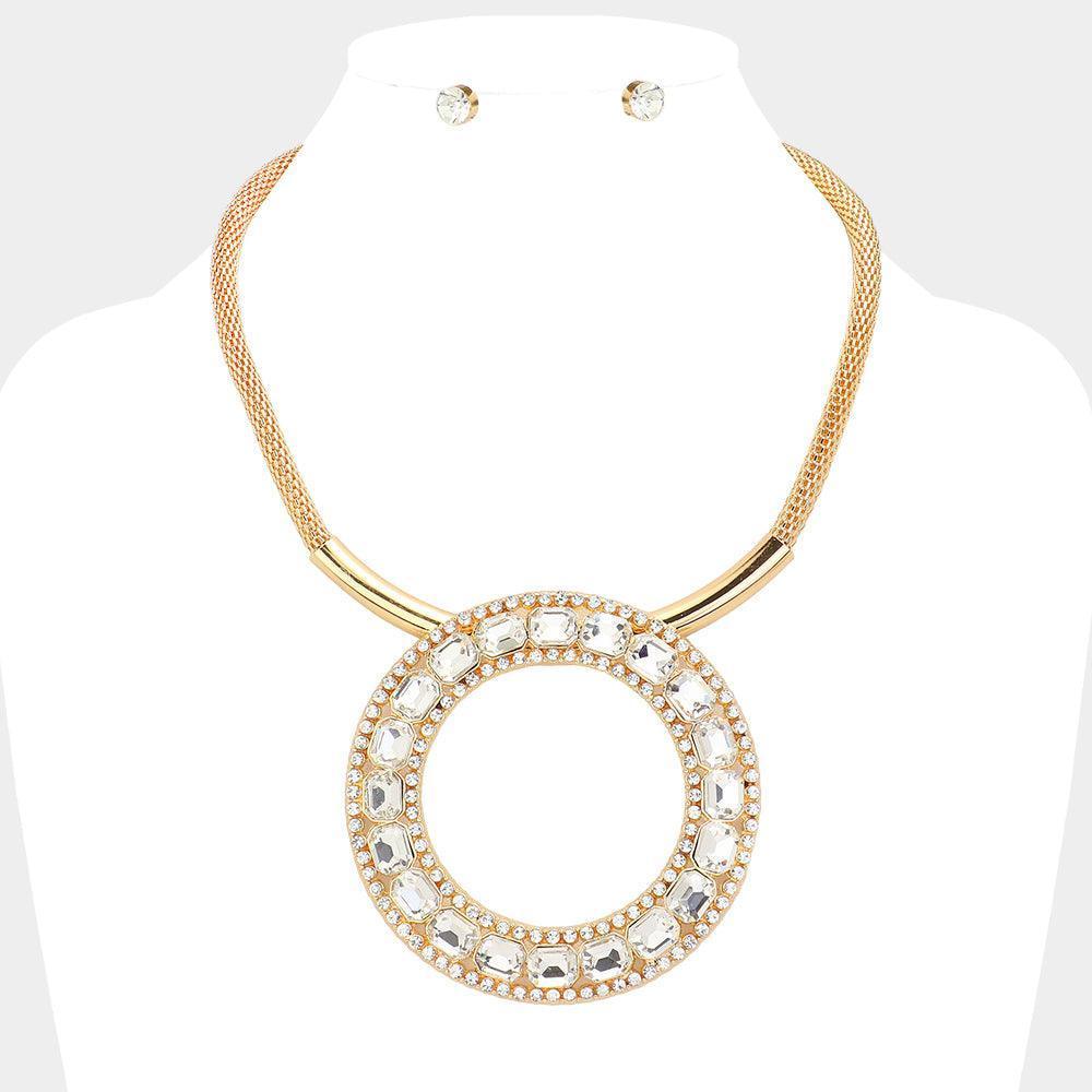 Gold Stone Embellished Open O Pendant Statement Necklace - Jewelry Store by Erik Rayo