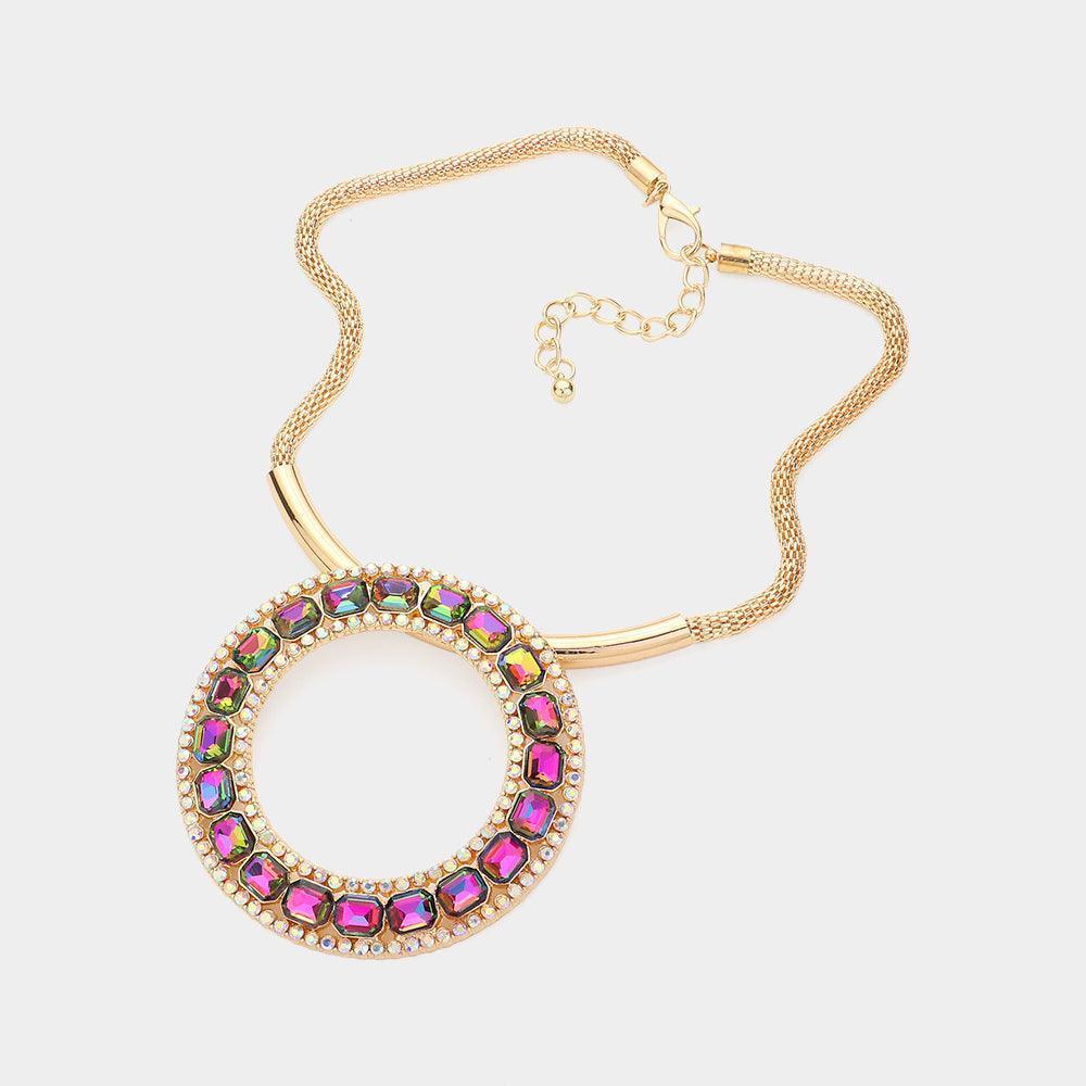 Gold Stone Embellished Open O Pendant Statement Necklace - Jewelry Store by Erik Rayo