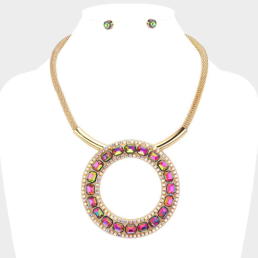 Gold Stone Embellished Open O Pendant Statement Necklace - Jewelry Store by Erik Rayo