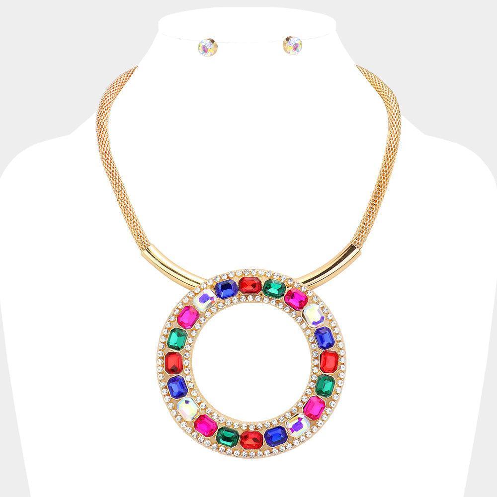 Gold Stone Embellished Open O Pendant Statement Necklace - Jewelry Store by Erik Rayo