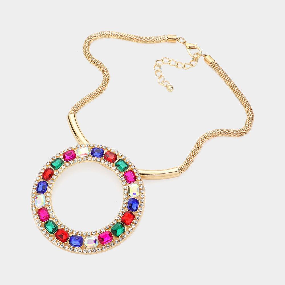 Gold Stone Embellished Open O Pendant Statement Necklace - Jewelry Store by Erik Rayo