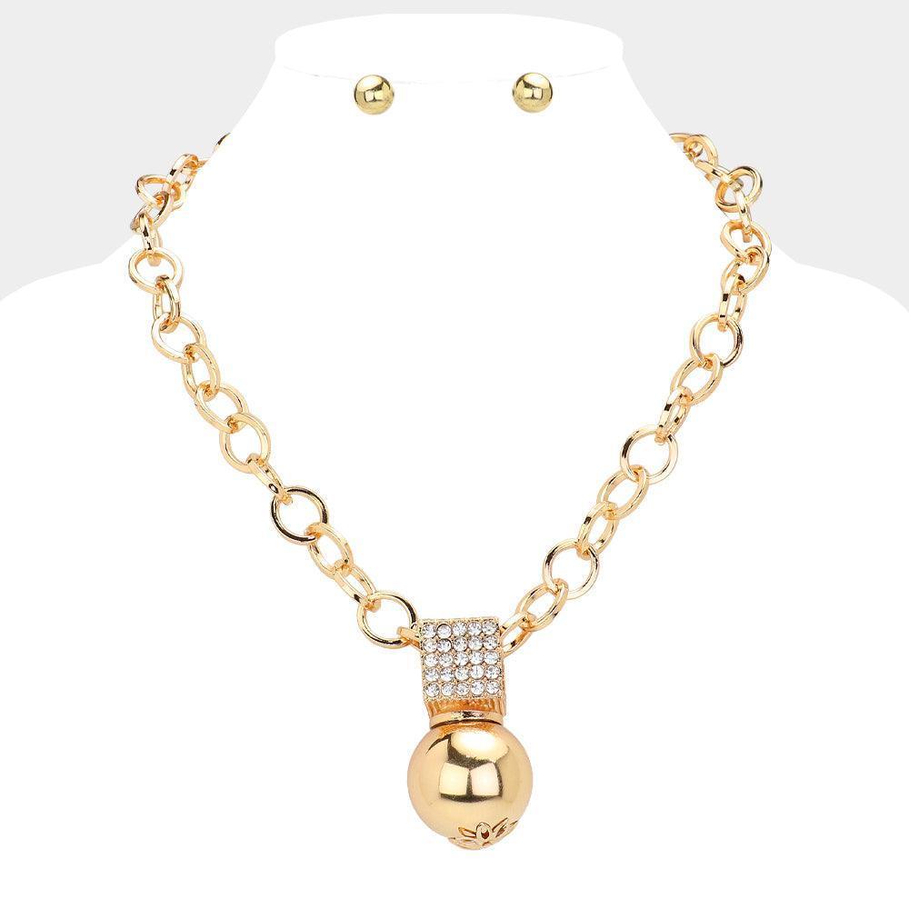 Gold Stone Paved Cube Metal Ball Pendant Chain Necklace - Jewelry Store by Erik Rayo