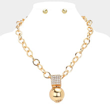 Load image into Gallery viewer, Gold Stone Paved Cube Metal Ball Pendant Chain Necklace
