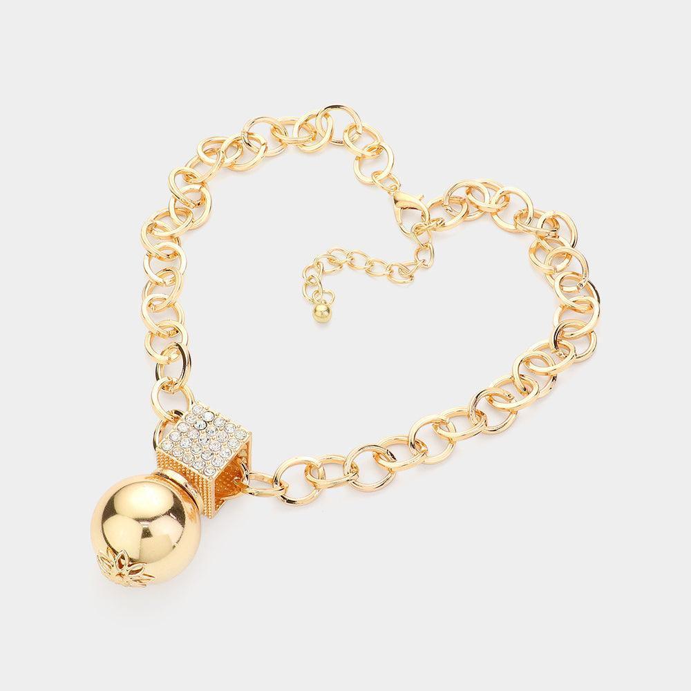 Gold Stone Paved Cube Metal Ball Pendant Chain Necklace - Jewelry Store by Erik Rayo