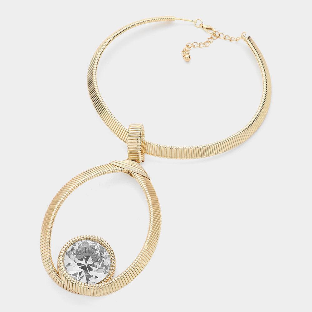 Clear Round Crystal Stone Pointed Textured Metal Statement Necklace - Jewelry Store by Erik Rayo