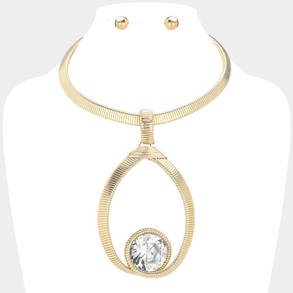 Clear Round Crystal Stone Pointed Textured Metal Statement Necklace - Jewelry Store by Erik Rayo