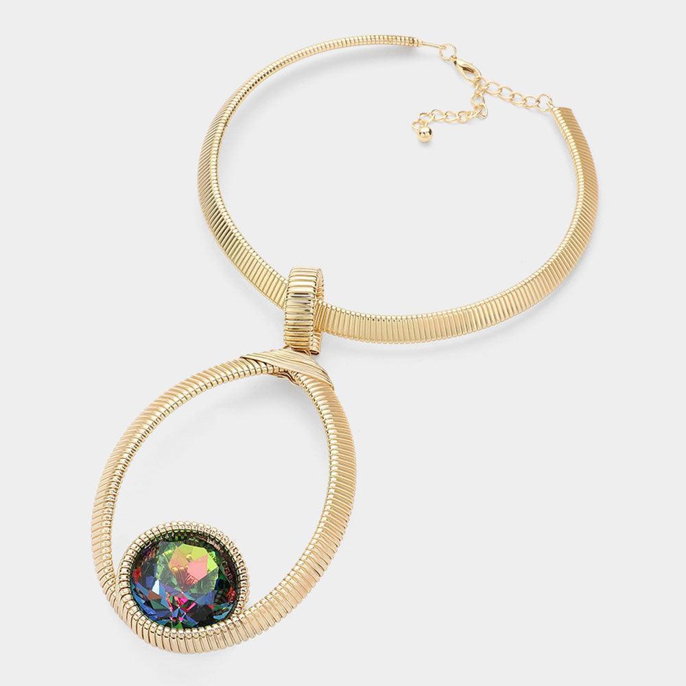 Gold Round Crystal Stone Pointed Textured Metal Statement Necklace - Jewelry Store by Erik Rayo