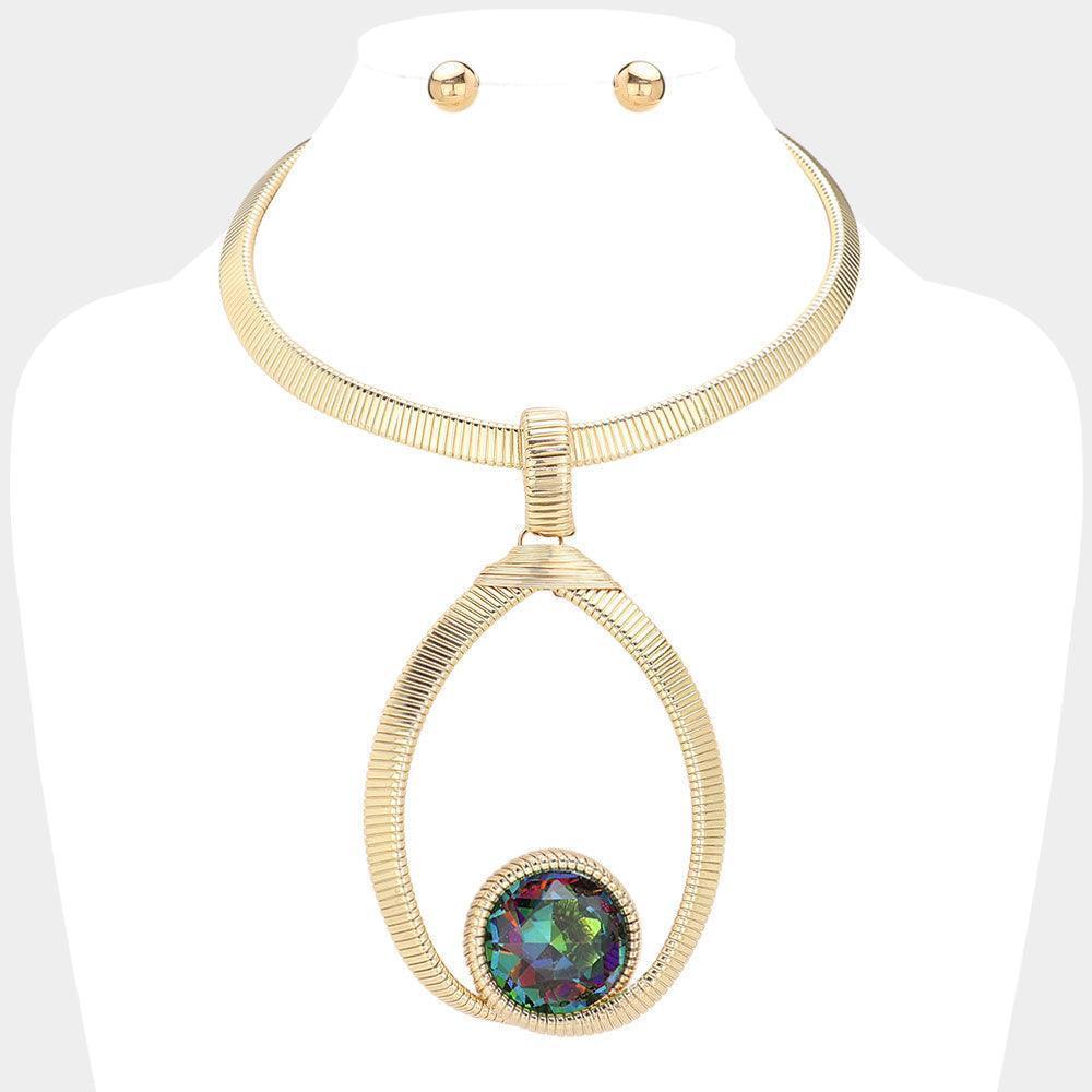 Gold Round Crystal Stone Pointed Textured Metal Statement Necklace - Jewelry Store by Erik Rayo