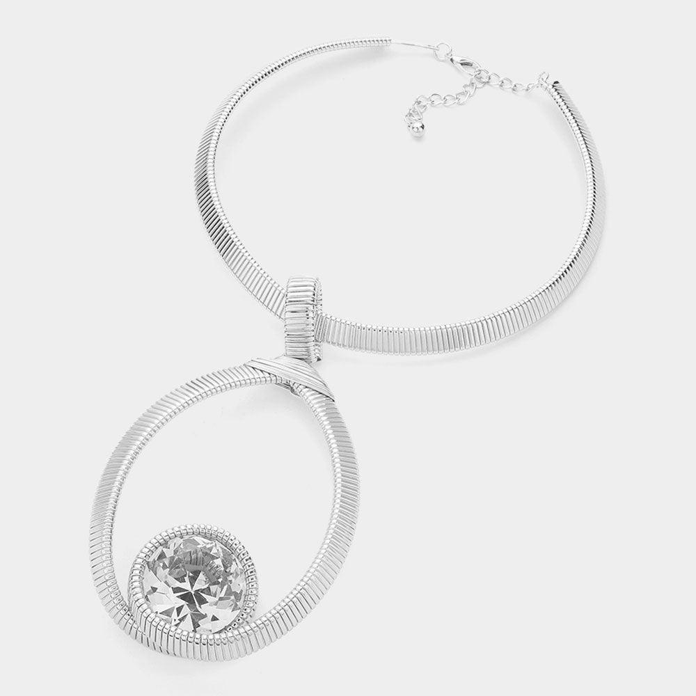 Clear Round Crystal Stone Pointed Textured Metal Statement Necklace - Jewelry Store by Erik Rayo