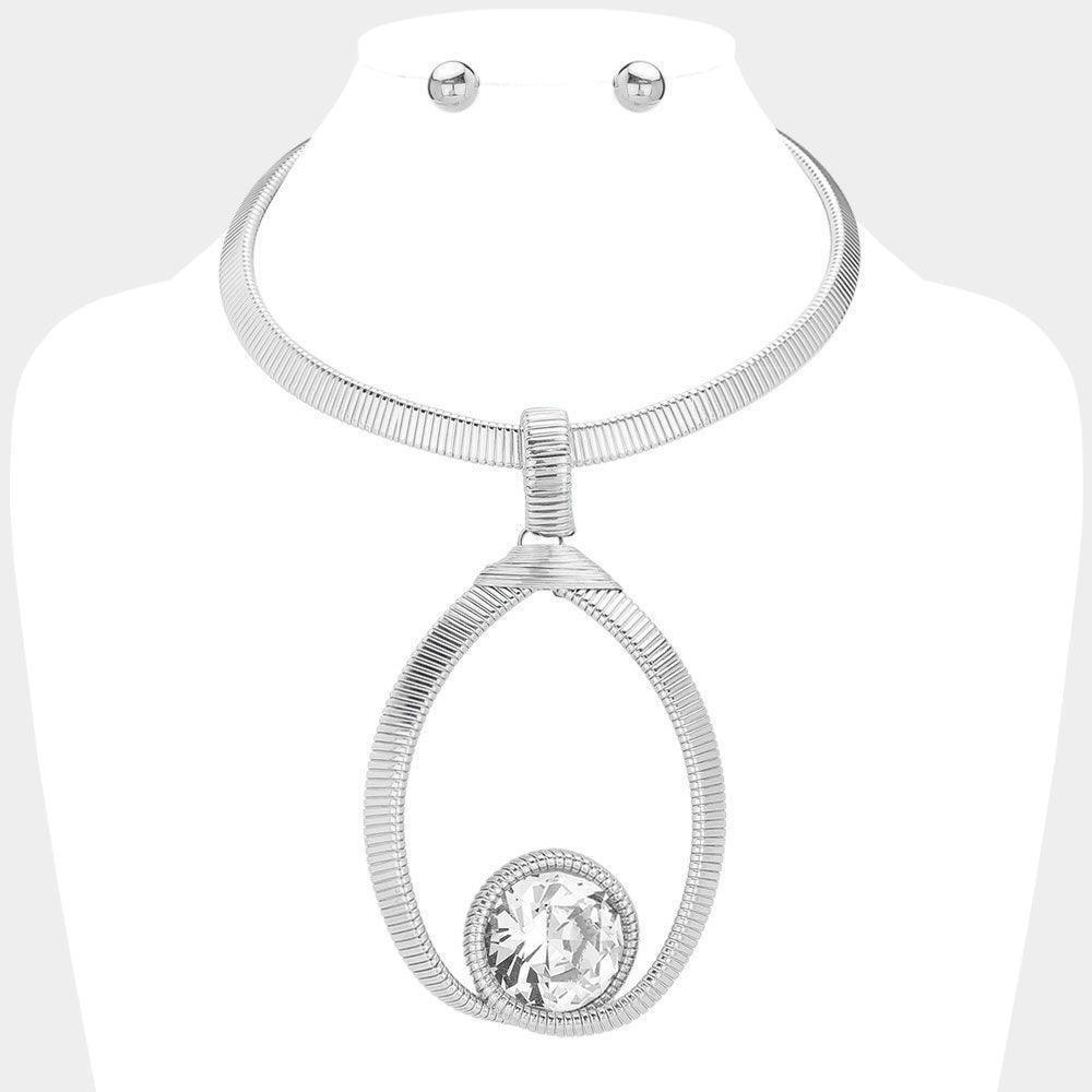 Clear Round Crystal Stone Pointed Textured Metal Statement Necklace - Jewelry Store by Erik Rayo