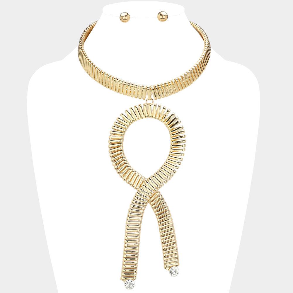 Gold Round Stone Pointed Metal Omega Chain Choker Statement Necklace