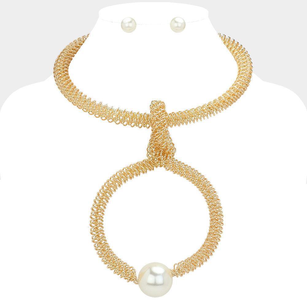 Cream Pearl Pointed Oversized Open Ring Metal Wire Statement Necklace - Jewelry Store by Erik Rayo