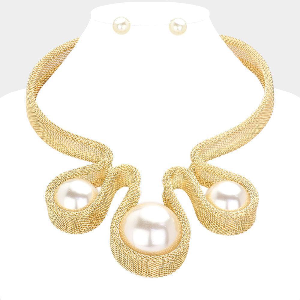 Cream Oversized Pearl Pointed Abstract Mesh Metal Statement Necklace - Jewelry Store by Erik Rayo