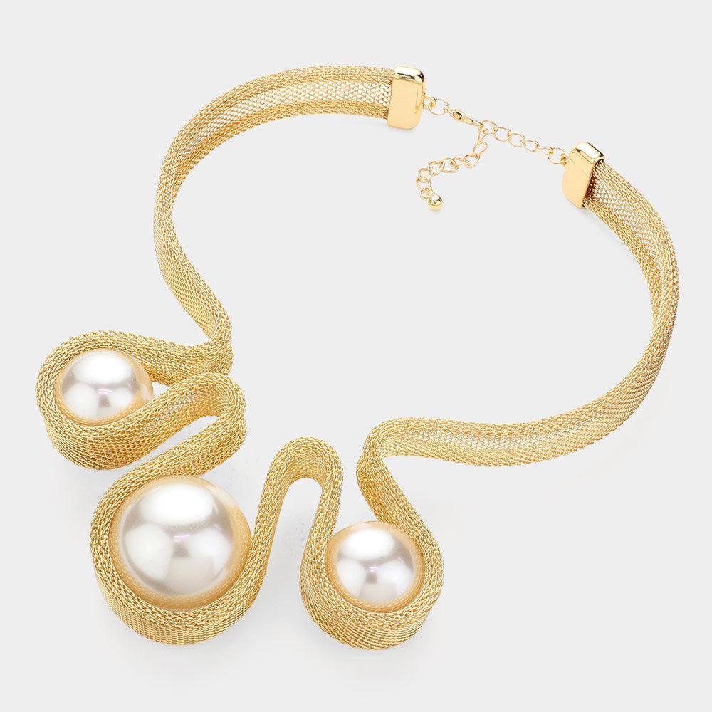 Cream Oversized Pearl Pointed Abstract Mesh Metal Statement Necklace - Jewelry Store by Erik Rayo
