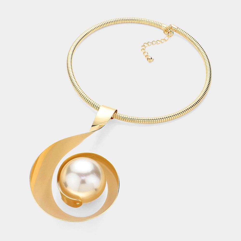 Cream Oversized Pearl Pointed Abstract Metal Statement Necklace - Jewelry Store by Erik Rayo
