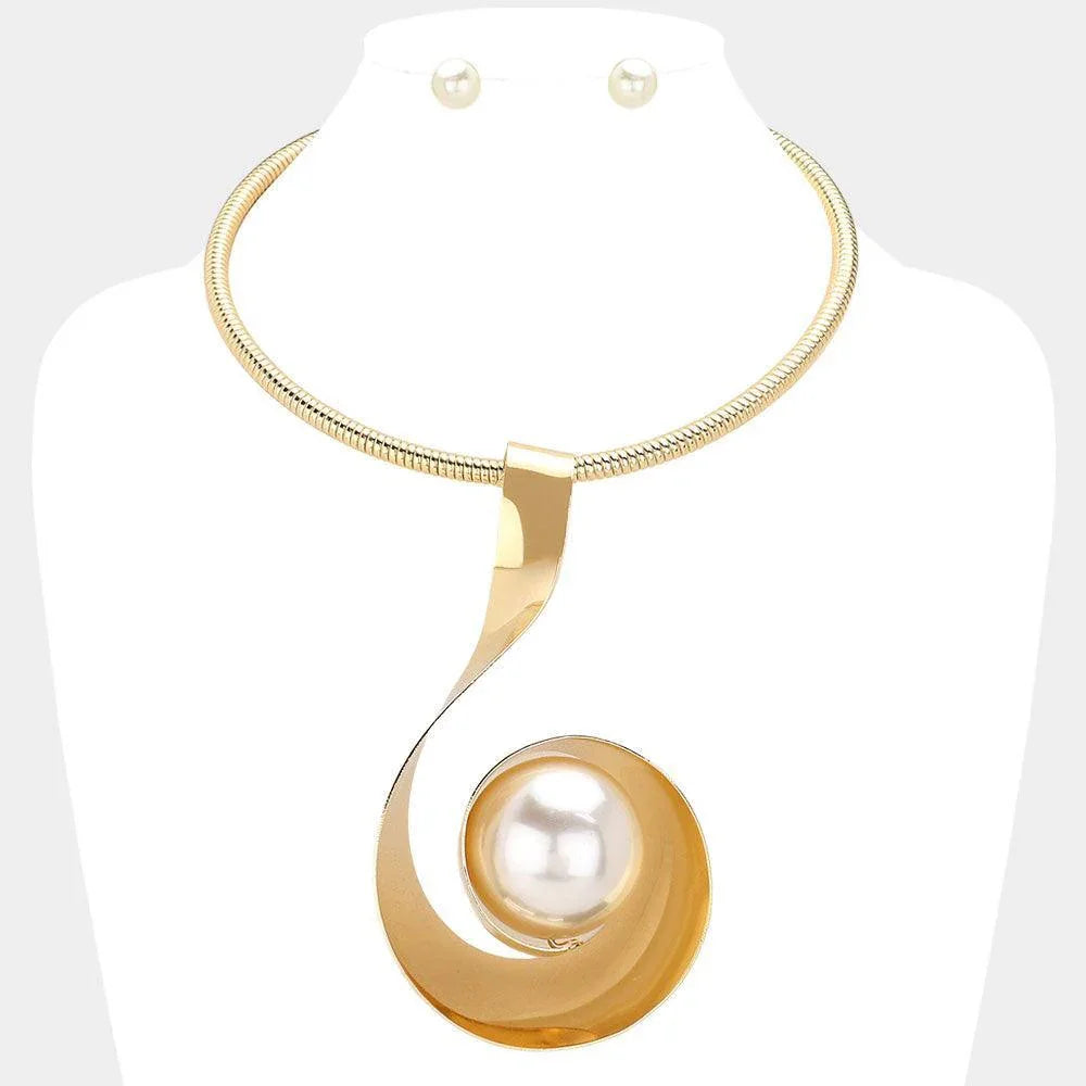 Cream Oversized Pearl Pointed Abstract Metal Statement Necklace - Jewelry Store by Erik Rayo
