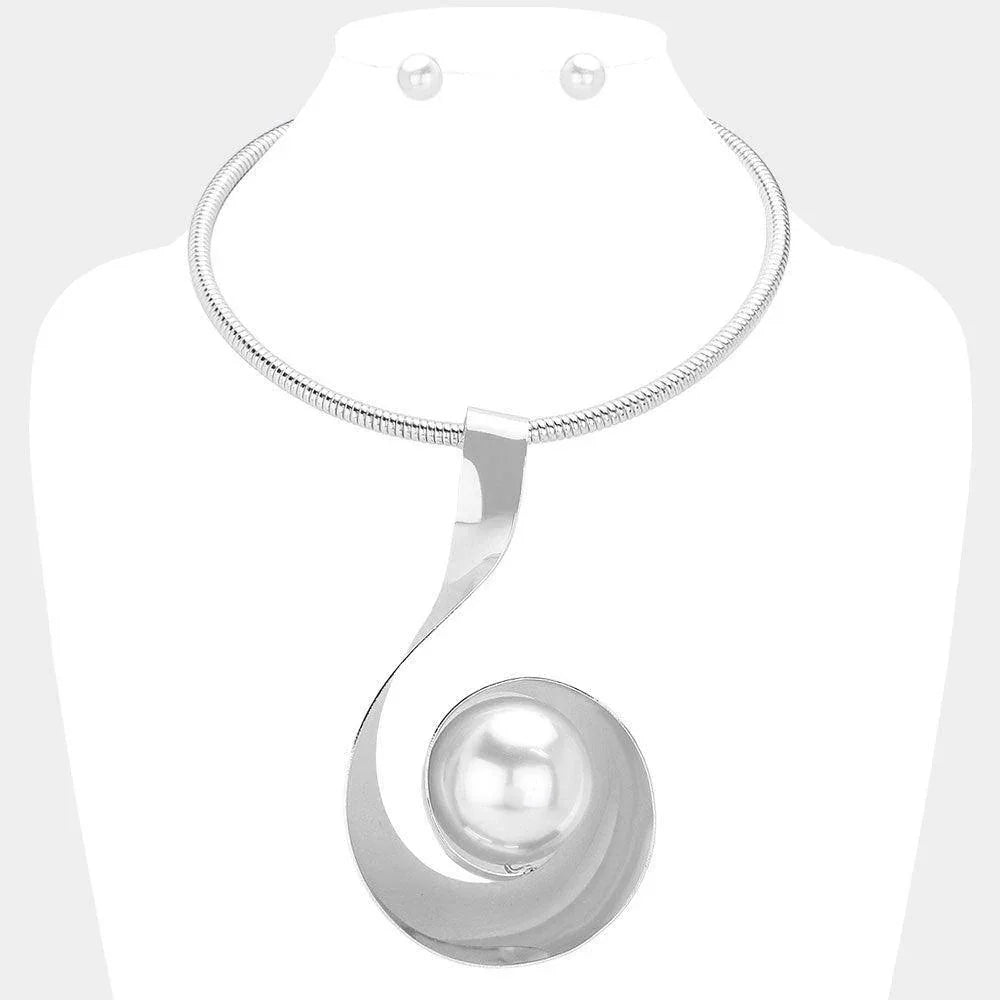 White Oversized Pearl Pointed Abstract Metal Statement Necklace - Jewelry Store by Erik Rayo