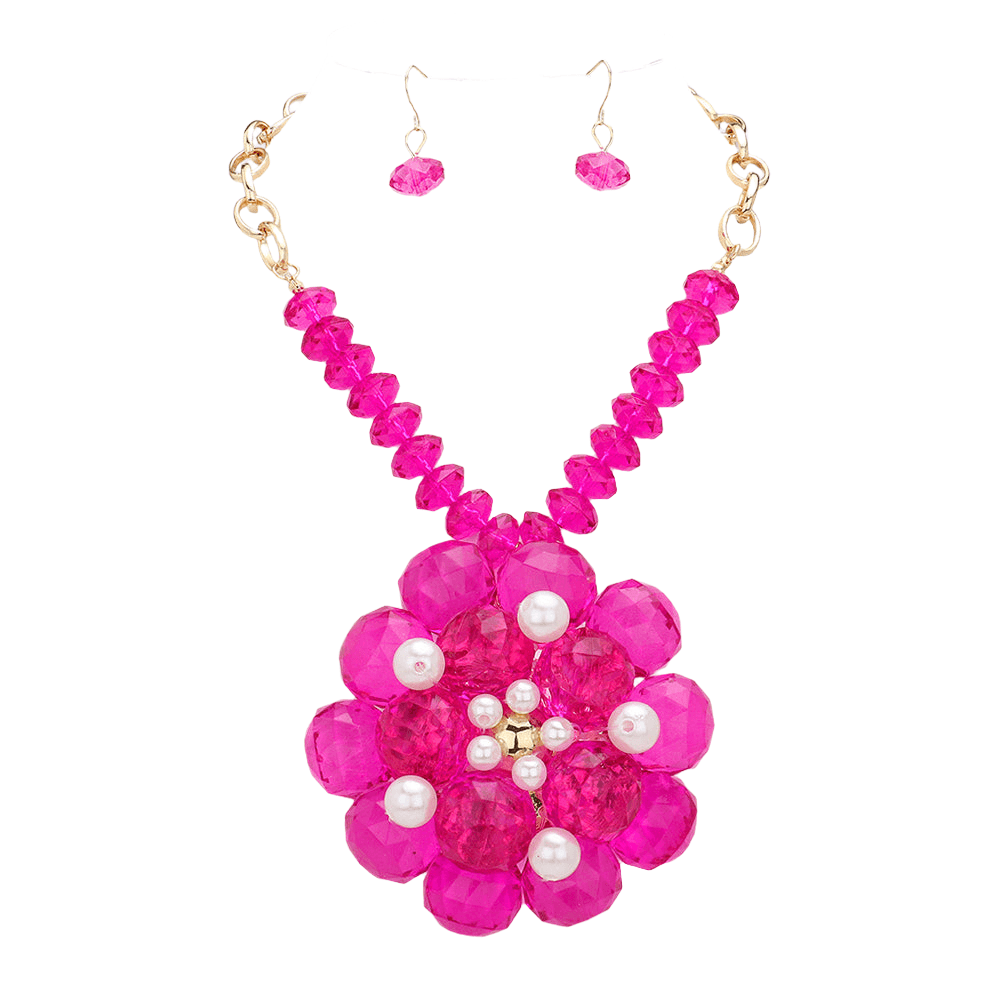 Red Pearl Pointed Glass Faceted Beads Flower Accented Pendant Statement Necklace