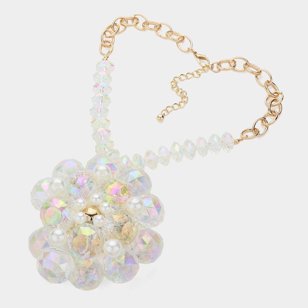 Gold Pearl Pointed Glass Faceted Beads Flower Accented Pendant Statement Necklace - Jewelry Store by Erik Rayo