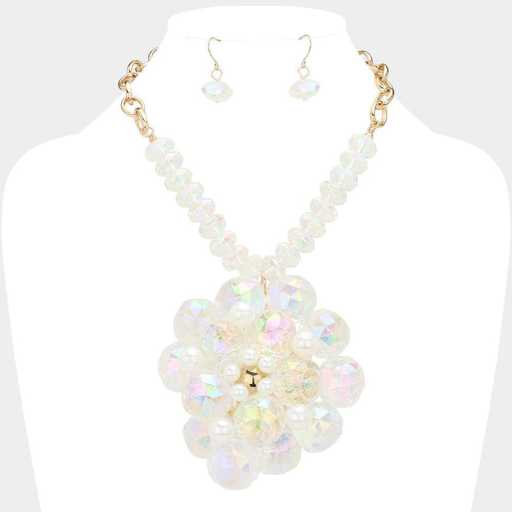 Gold Pearl Pointed Glass Faceted Beads Flower Accented Pendant Statement Necklace - Jewelry Store by Erik Rayo