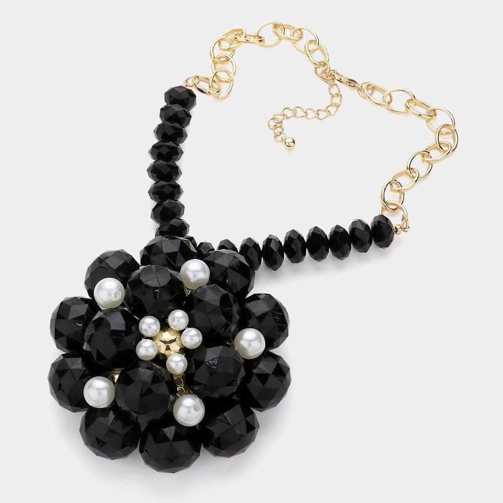 Black Pearl Pointed Glass Faceted Beads Flower Accented Pendant Statement Necklace - Jewelry Store by Erik Rayo