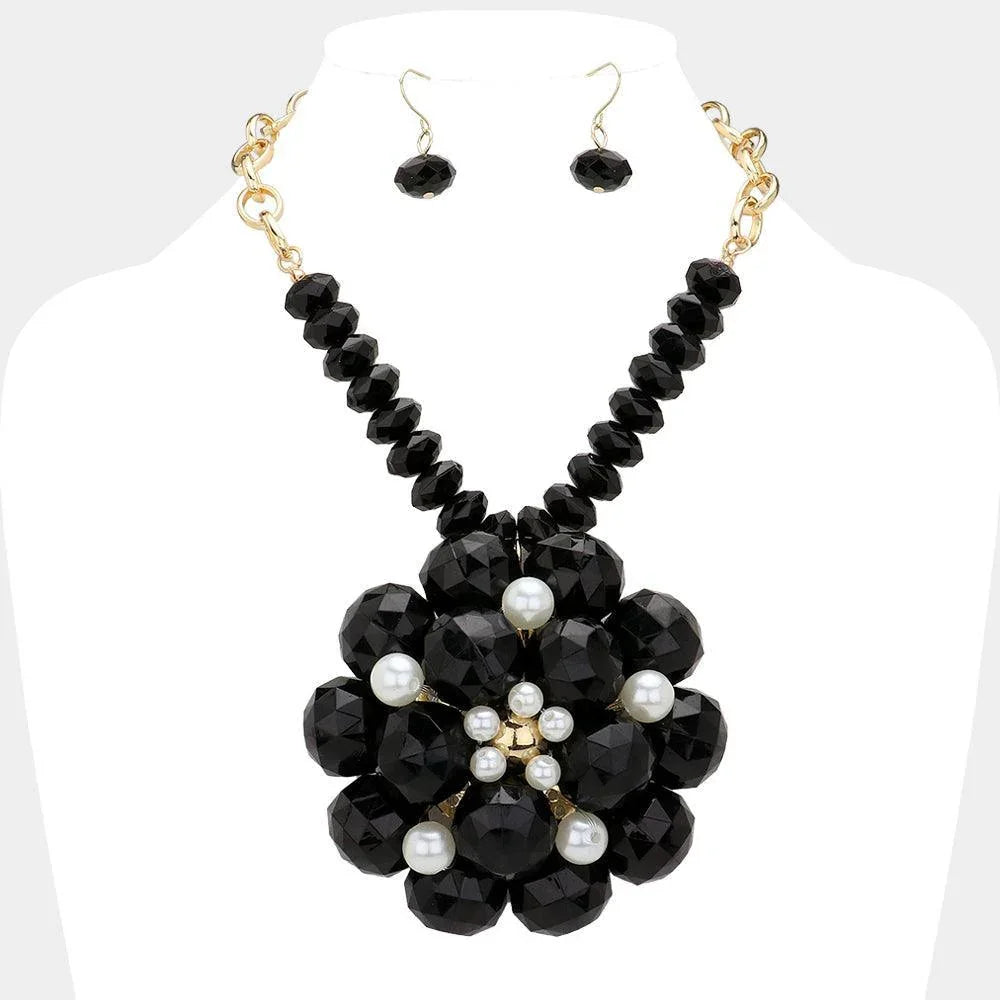 Black Pearl Pointed Glass Faceted Beads Flower Accented Pendant Statement Necklace - Jewelry Store by Erik Rayo