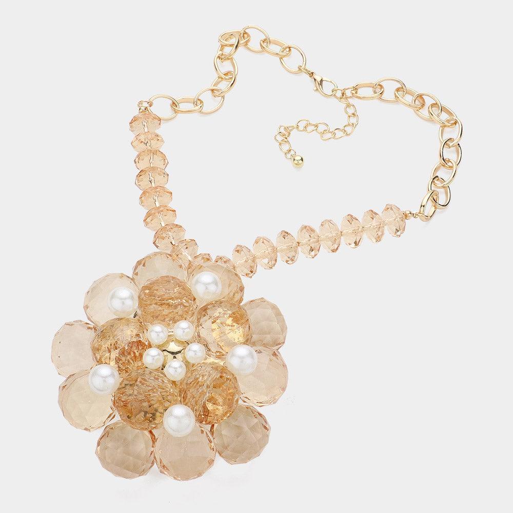 Brown Pearl Pointed Glass Faceted Beads Flower Accented Pendant Statement Necklace - Jewelry Store by Erik Rayo