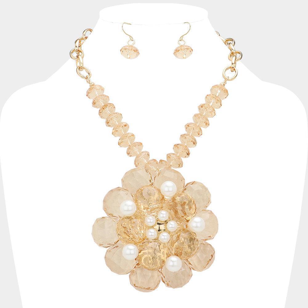 Brown Pearl Pointed Glass Faceted Beads Flower Accented Pendant Statement Necklace - Jewelry Store by Erik Rayo