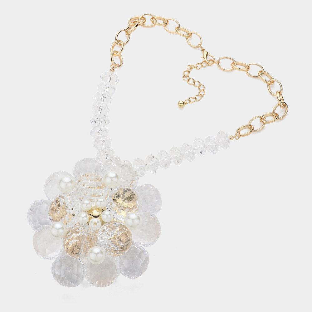 Clear Pearl Pointed Glass Faceted Beads Flower Accented Pendant Statement Necklace - Jewelry Store by Erik Rayo