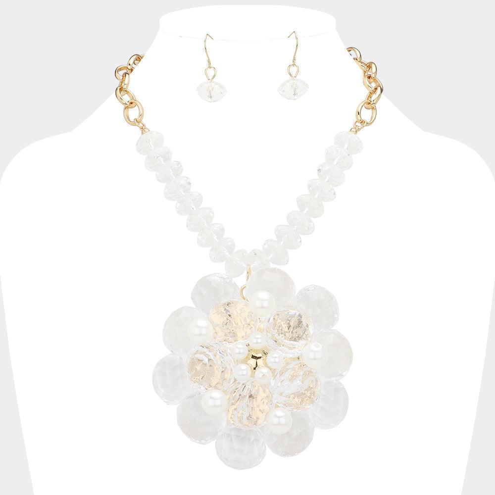 Clear Pearl Pointed Glass Faceted Beads Flower Accented Pendant Statement Necklace - Jewelry Store by Erik Rayo