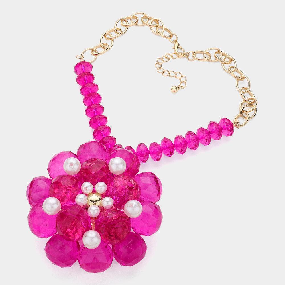 Red Pearl Pointed Glass Faceted Beads Flower Accented Pendant Statement Necklace - Jewelry Store by Erik Rayo
