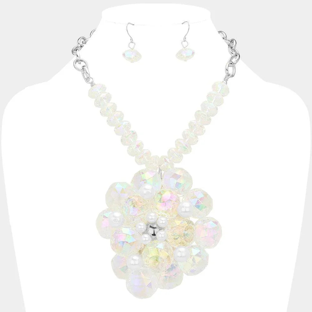 Pearl Pointed Glass Faceted Beads Flower Accented Pendant Statement Necklace - Jewelry Store by Erik Rayo