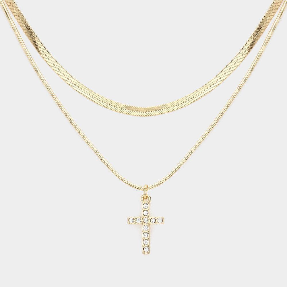 Gold Rhinestone Embellished Cross Pendant Double Layered Necklace - Jewelry Store by Erik Rayo