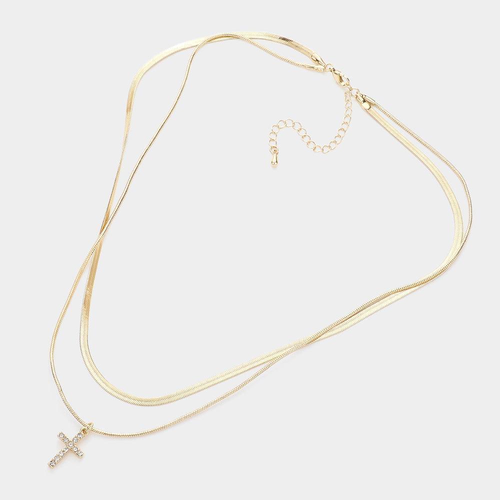 Gold Rhinestone Embellished Cross Pendant Double Layered Necklace - Jewelry Store by Erik Rayo